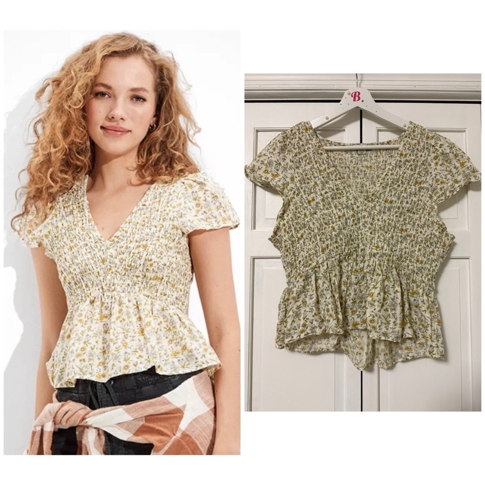American Eagle Outfitters Women’s Large Yellow Floral Smocked Babydoll Blouse